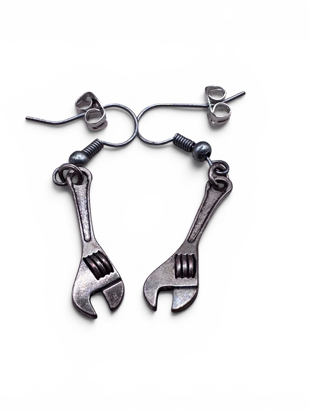 Nickel free Wrench Dangle Earrings - Silver Tone
